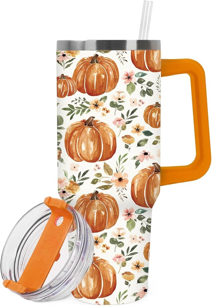 Fall Tumbler with Handle 40oz Orange Pumpkin Green Leaves Tumbler with Lid Straw Watercolor Stain... | Amazon (US)