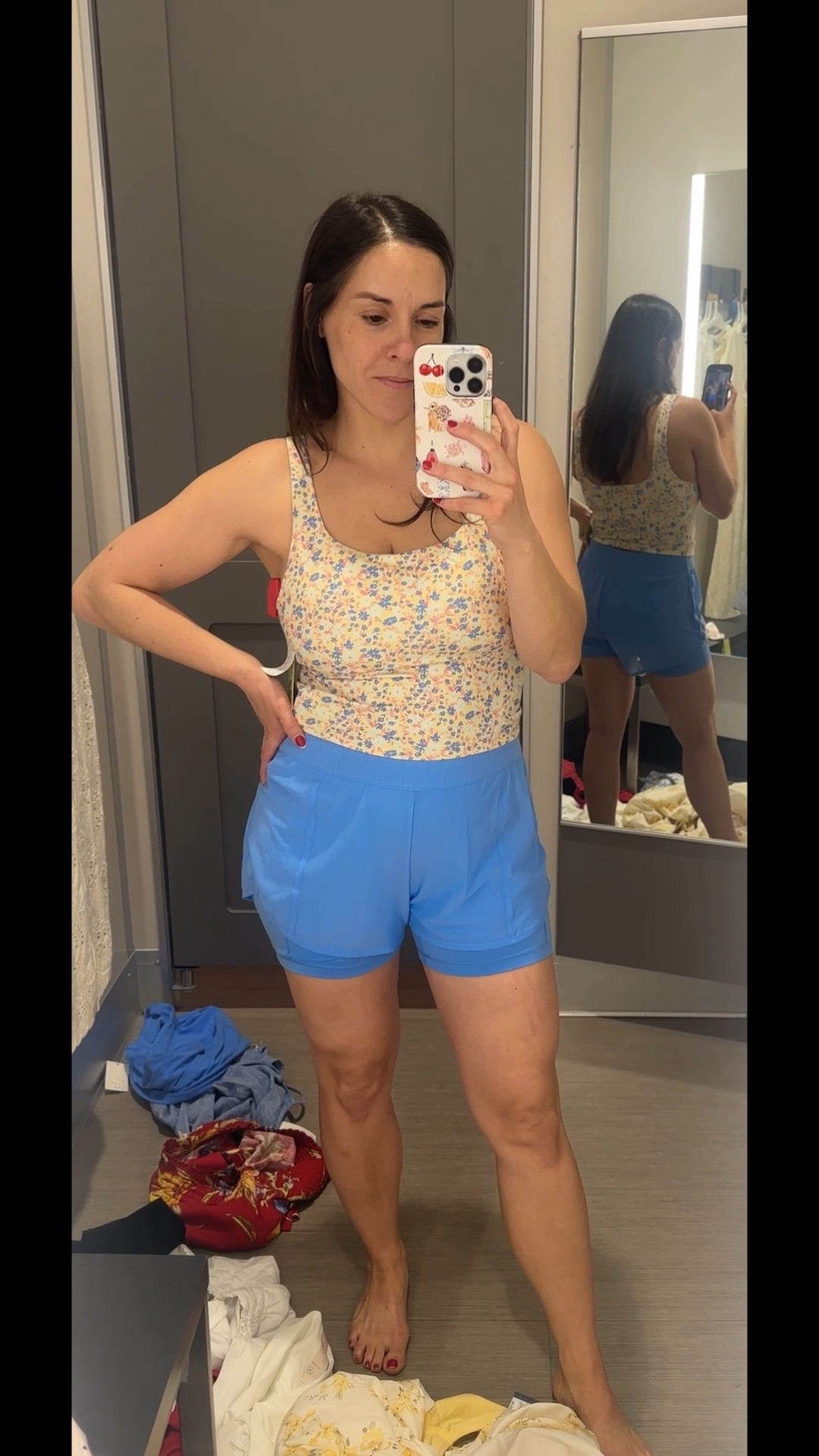 Workout outfit that’s cute enough to wear outside the gym. I sized up to a large in the tank because of my bust and I’m wearing a medium in the shorts. Perfect for workouts, walks, or busy mom days.