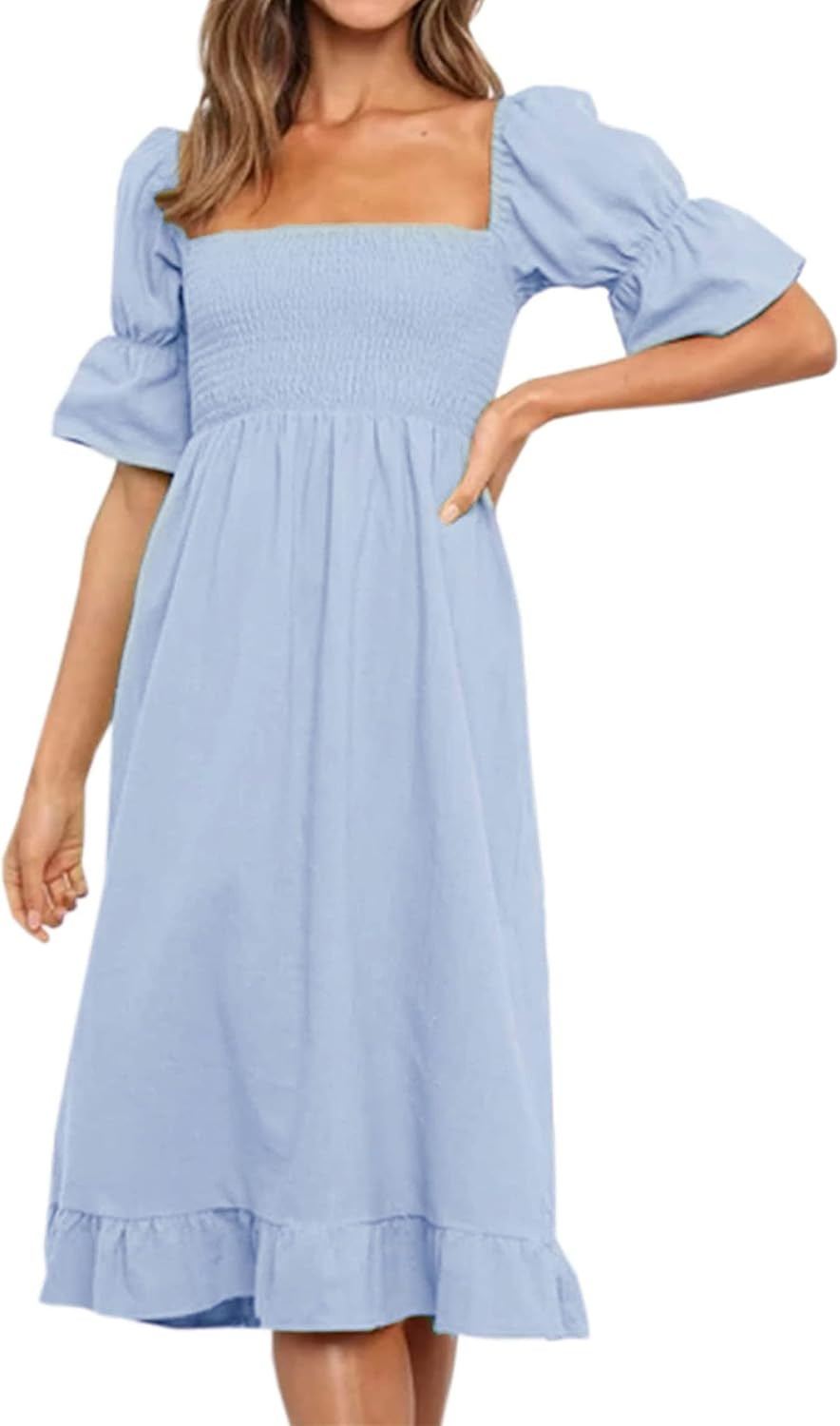 XIONGMEI Women Summer Casual Dresses 2023 Short Puff Sleeve Square Neck Smocked A-Line Solid Ruff... | Amazon (US)