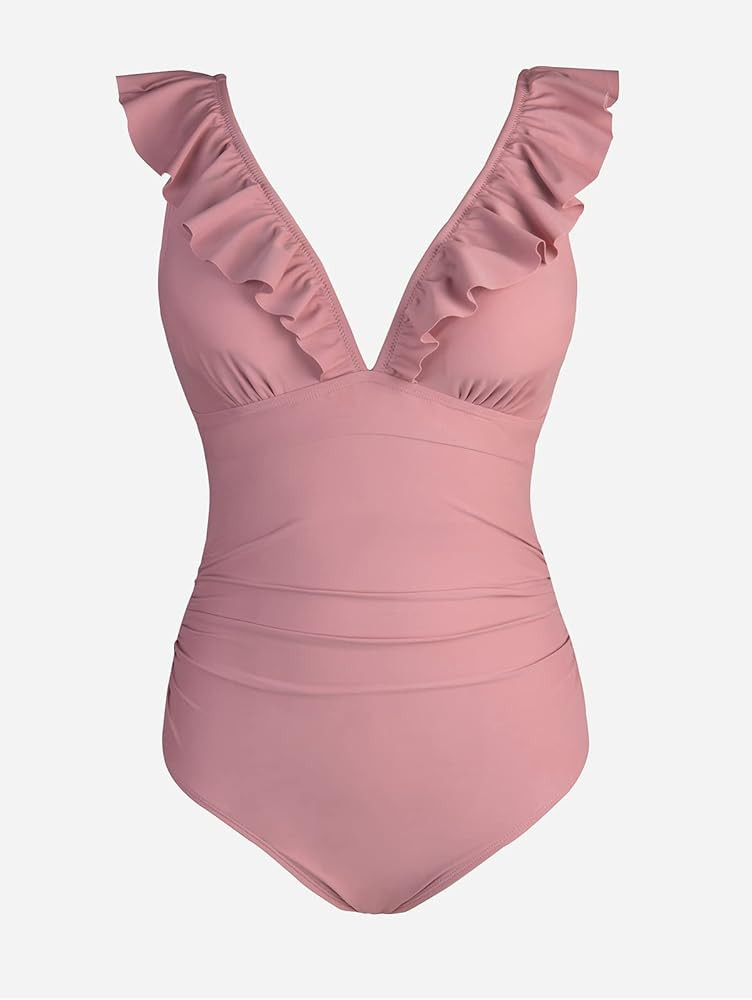 CUPSHE One Piece Swimsuit for Women Deep V Neck Ruffle Tummy Control Back Tie Floral Print Bathin... | Amazon (US)