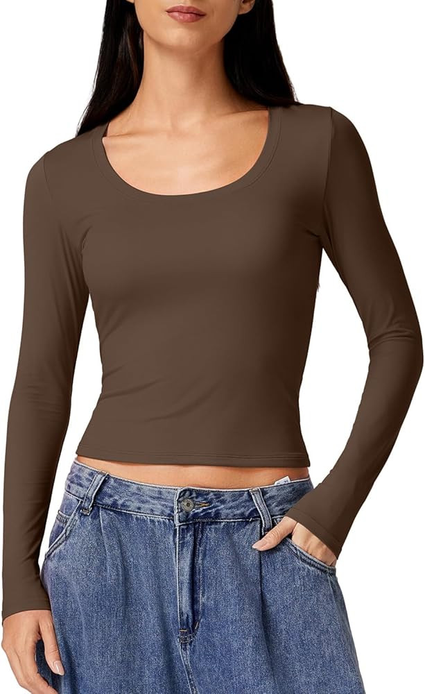 QINSEN Women's Crew Neck Long Sleeve Crop Top Double Lined Slim Fit Y2k T Shirts | Amazon (US)