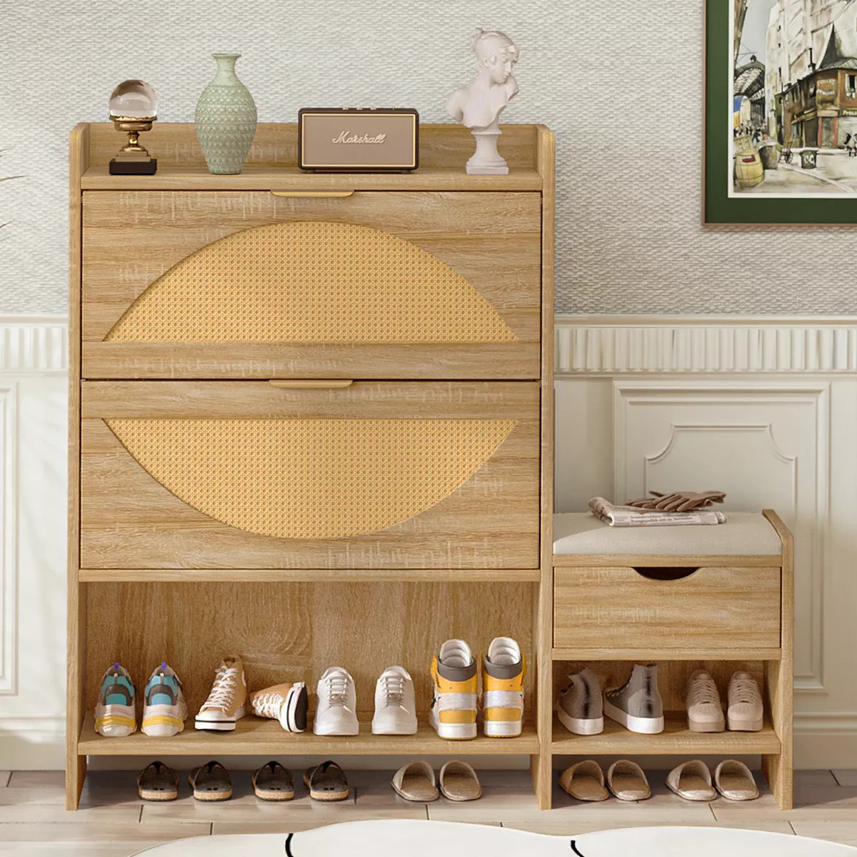 47.2"W Storage Shoe Cabinet, Rattan Storage Organizer with Drawers, and Bench For Entryway, Light... | Target