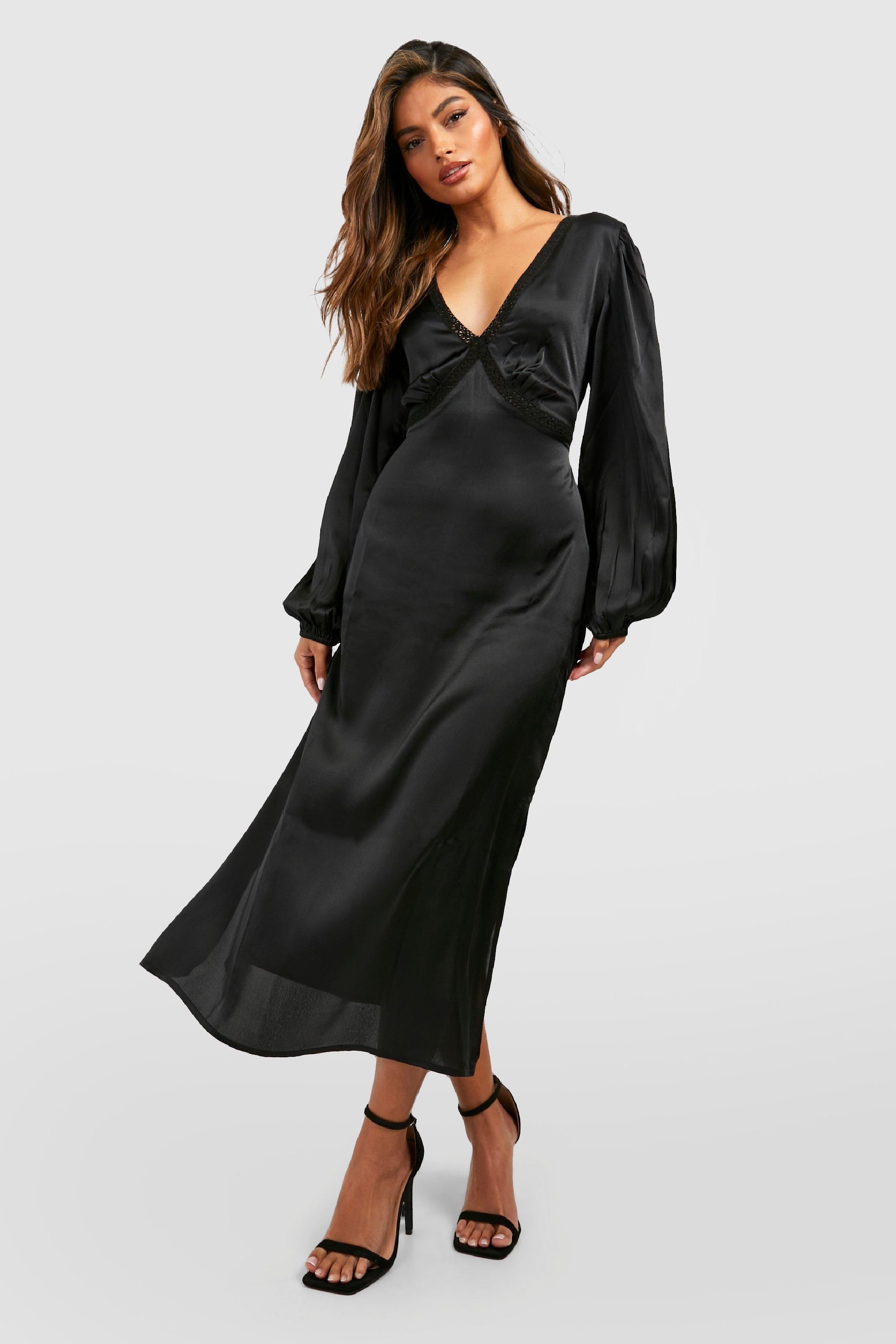 Womens Satin Long Sleeve Midi Dress - Black - 10 | Boohoo.com (US & CA)