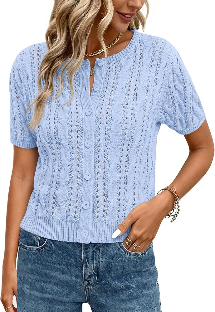 MASCOMODA Women Summer Cable Knit Crochet Cardigan Sweaters Casual Button Short Sleeve Sweater Cu... | Amazon (US)