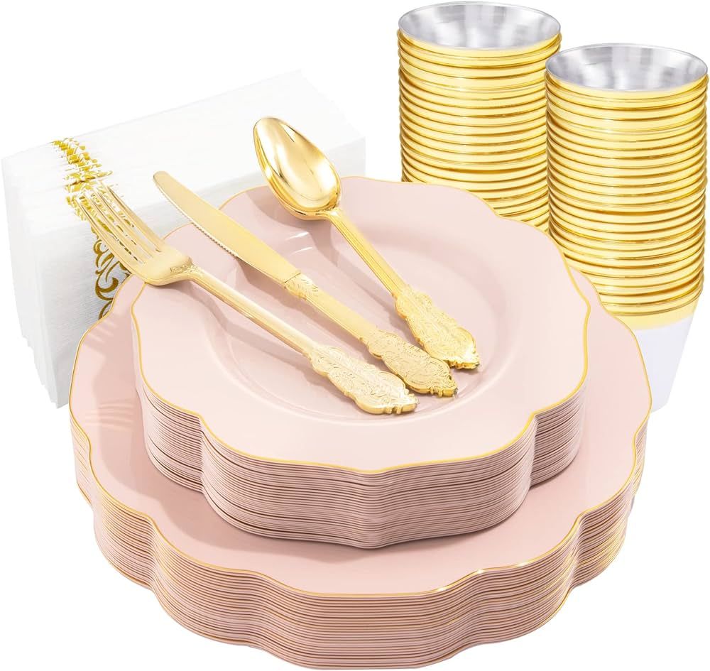 NOCCUR 175PCS Pink Plastic Plates with Gold Disposable Silverware-Include 50 Plates 25Knives 25Fo... | Amazon (US)