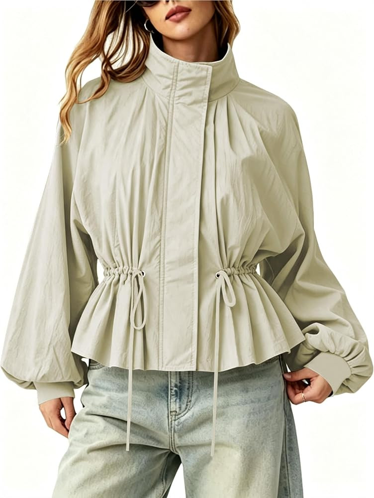 Mingzhu Women's Drawstring Windbreaker Jacket Pleated Windproof | Amazon (US)