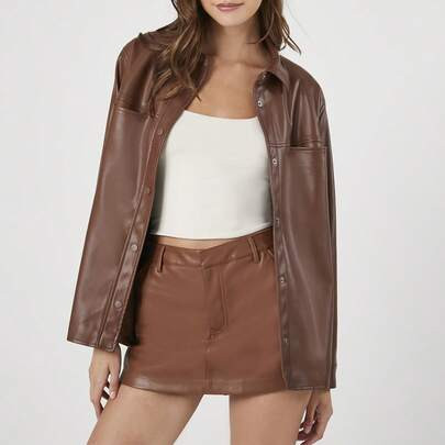 Faux Leather Snap-Button Shacket | SHEIN