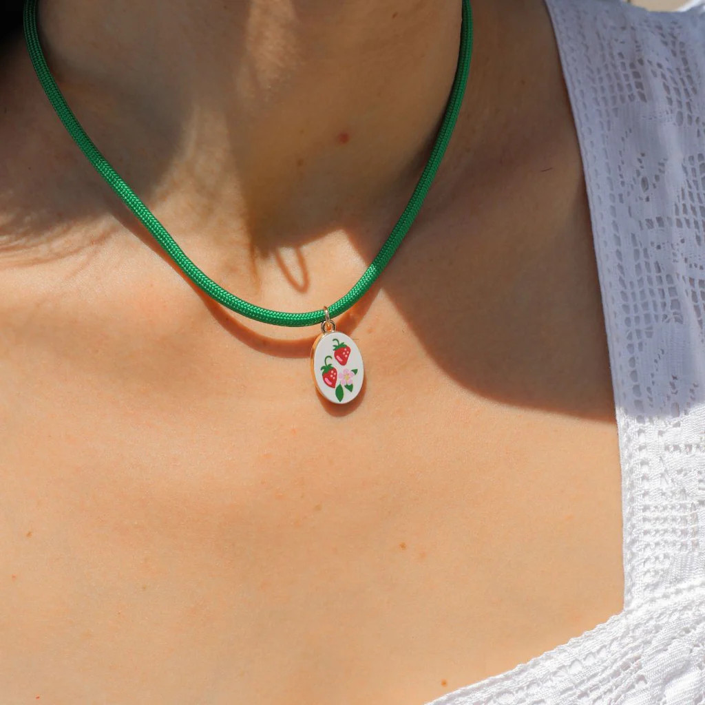Strawberry Hand Painted Enamel Charm Necklace | Nickel and Suede