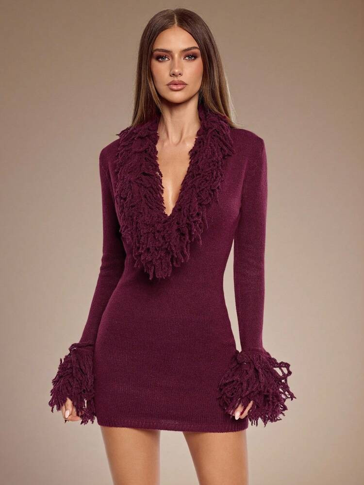 SHEIN BAE Solid Color Fur Collar Long Sleeve Fitted Fashionable Deep V-Neck Women Sweater Dress,F... | SHEIN