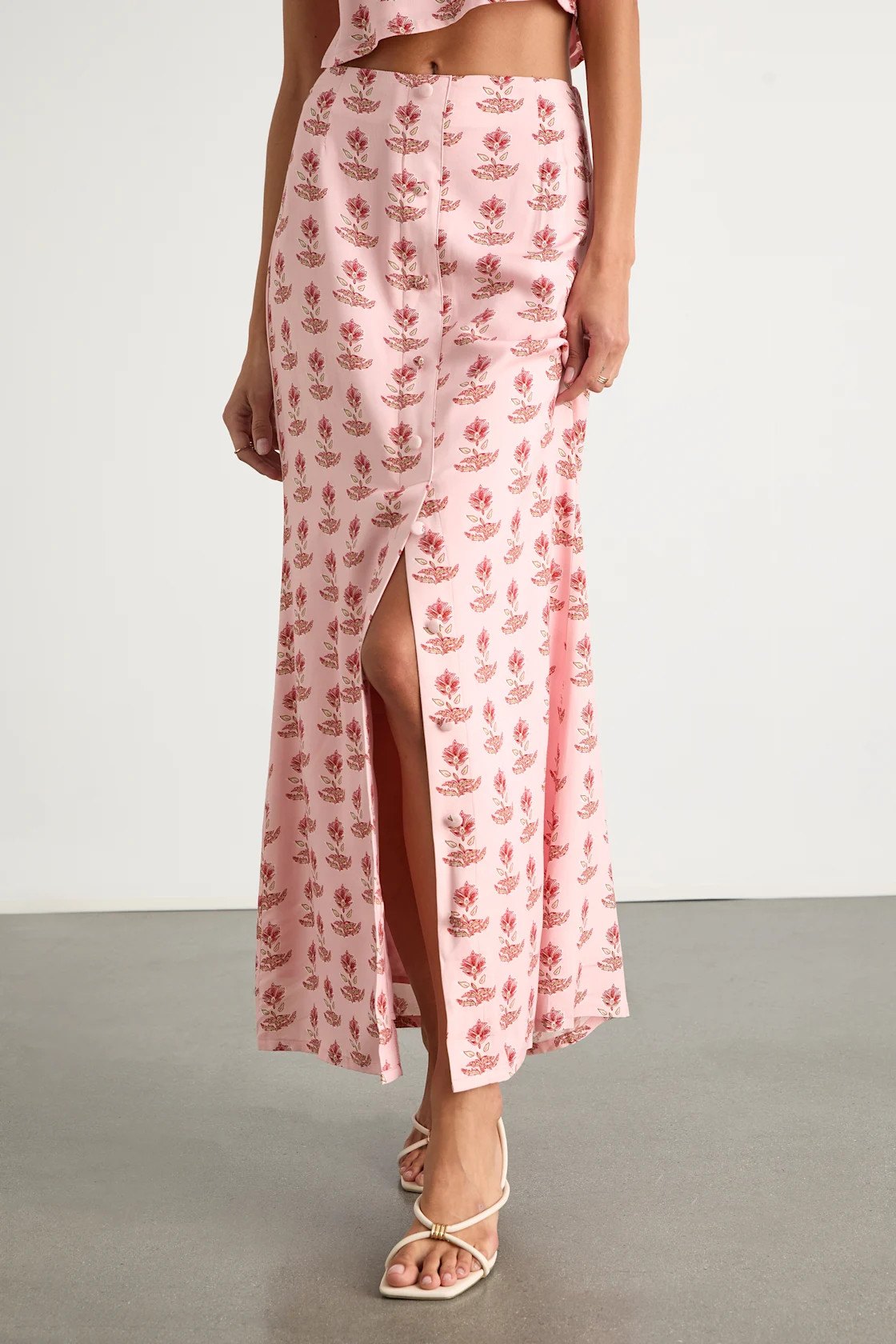 Chel Pink Boho Print Button-Front Maxi Skirt | Lulus