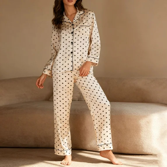 Aueoeo Women's Satin Pajamas Set Long Sleeve Polka Dots Sleepwear Button-Down Soft Loungewear Pjs... | Walmart (US)