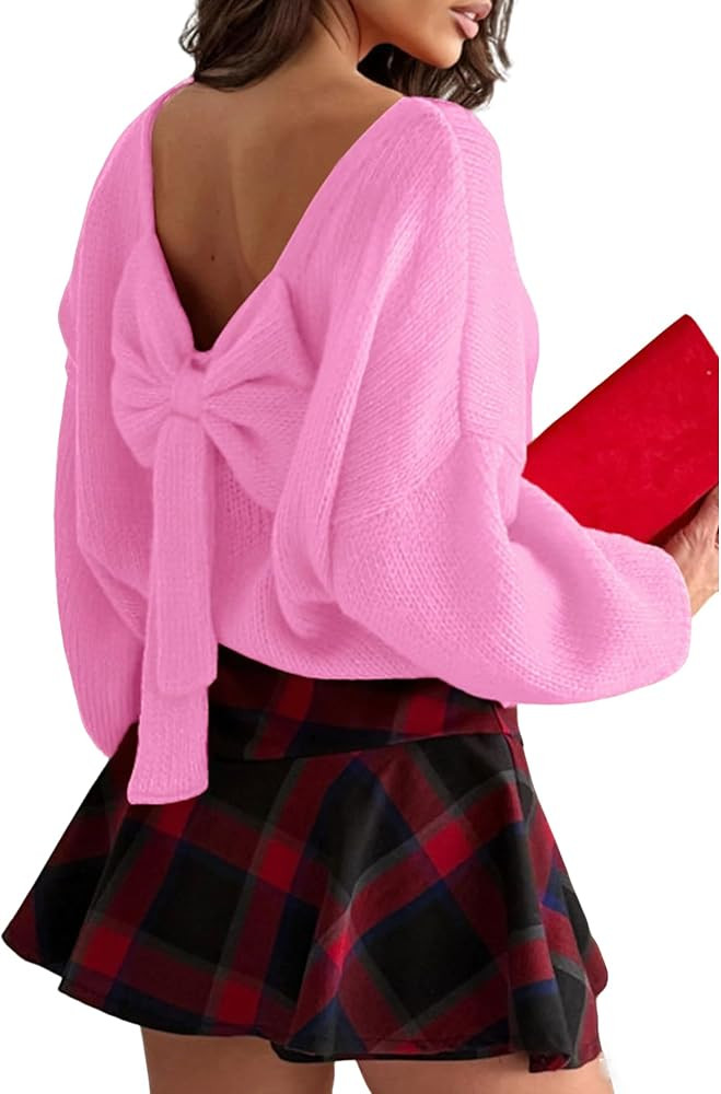 ZAFUL Women Open Back Bow Knot Sweater Loose Fit Boat Neck Long Sleeve Fall Ribbed Knit Backless ... | Amazon (US)