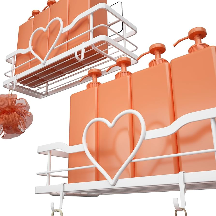 White Shower Caddy with 4 Removable Hooks, 2 Pack Sweet Heart Shower Shelves,No Drilling Adhesive... | Amazon (US)