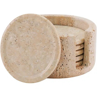Artreestry 3.75" Round Travertine Marble Coasters with Holder – Set of 6 Handmade Stone Drink Cup Coasters for Table, Kitchen, Office, Car Use | Wayfair North America