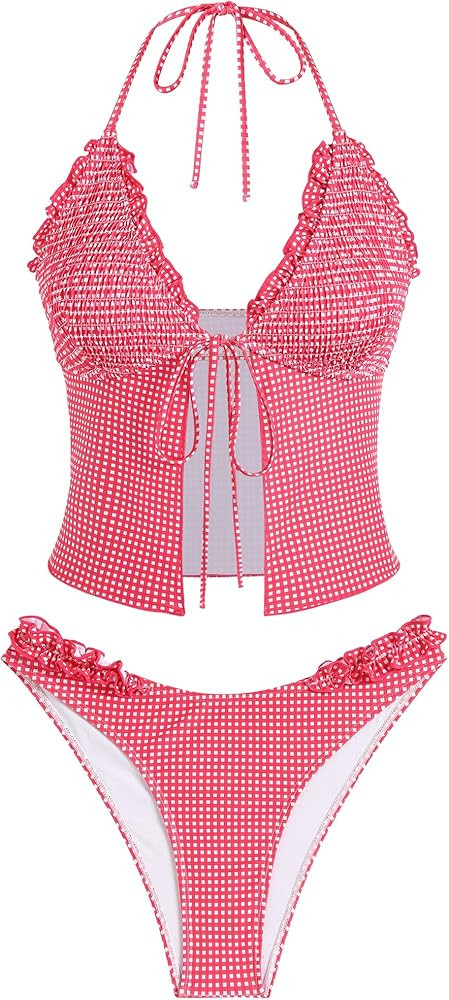 ZAFUL Tankini Swimsuits for Women Smocked Ruffles Tie Front Bowknot Textured High Cut Tanga Tanki... | Amazon (US)