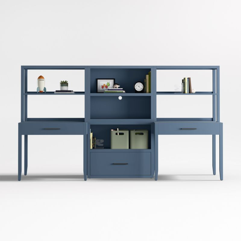 Ever Simple Set of 2 Modular Slate Blue Wood Kids Desks with Drawer Bookcase | Crate & Kids | Crate & Barrel
