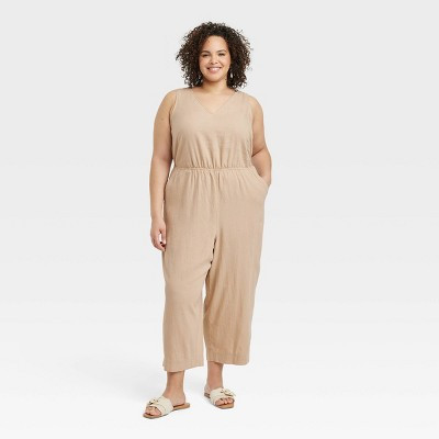 Women's Linen V-Neck Jumpsuit - Universal Thread™ Tan 3X | Target