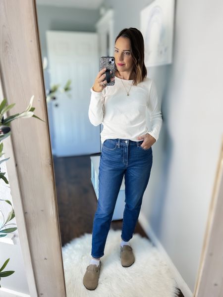 Old Navy try on, fall outfit, winter outfit, neutral outfit, casual outfit 

Plush Long-Sleeve White Crew-Neck T-Shirt — sized up to L (usually wear S or M)

High-Waisted OG Straight Built-In Warm Ankle Jeans — TTS, 6

Birkenstocks — TTS

#LTKSeasonal #LTKstyletip #LTKfindsunder50