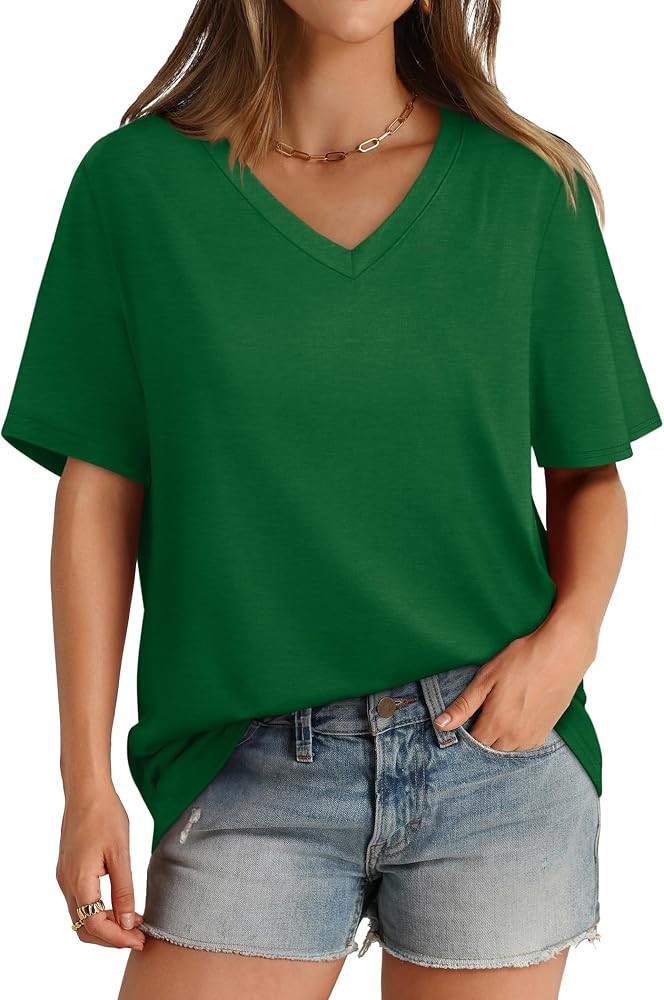 Aokosor Womens T Shirts V Neck Short Sleeve Casual Loose Tees Tops 2024 Trending Now | Amazon (US)