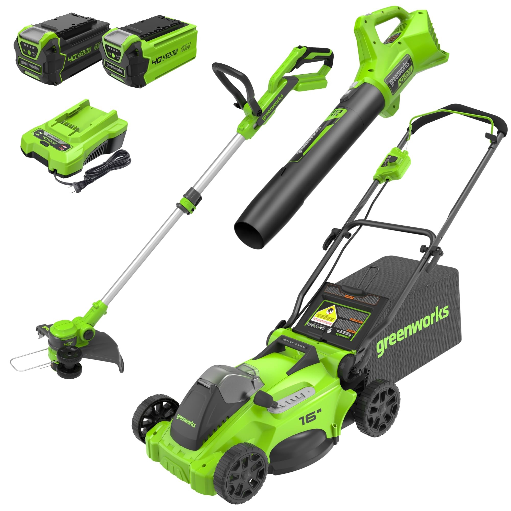Greenworks 40V 16" Brushless Cordless (Push) Lawn Mower + Blower (350 CFM) + 13" String Trimmer (... | Amazon (US)
