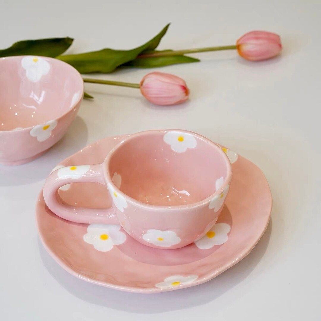 Handmade pink irregular flower ceramic Cafe set | Cup with Saucer | Coffee mug | Mug with handle ... | Etsy (US)