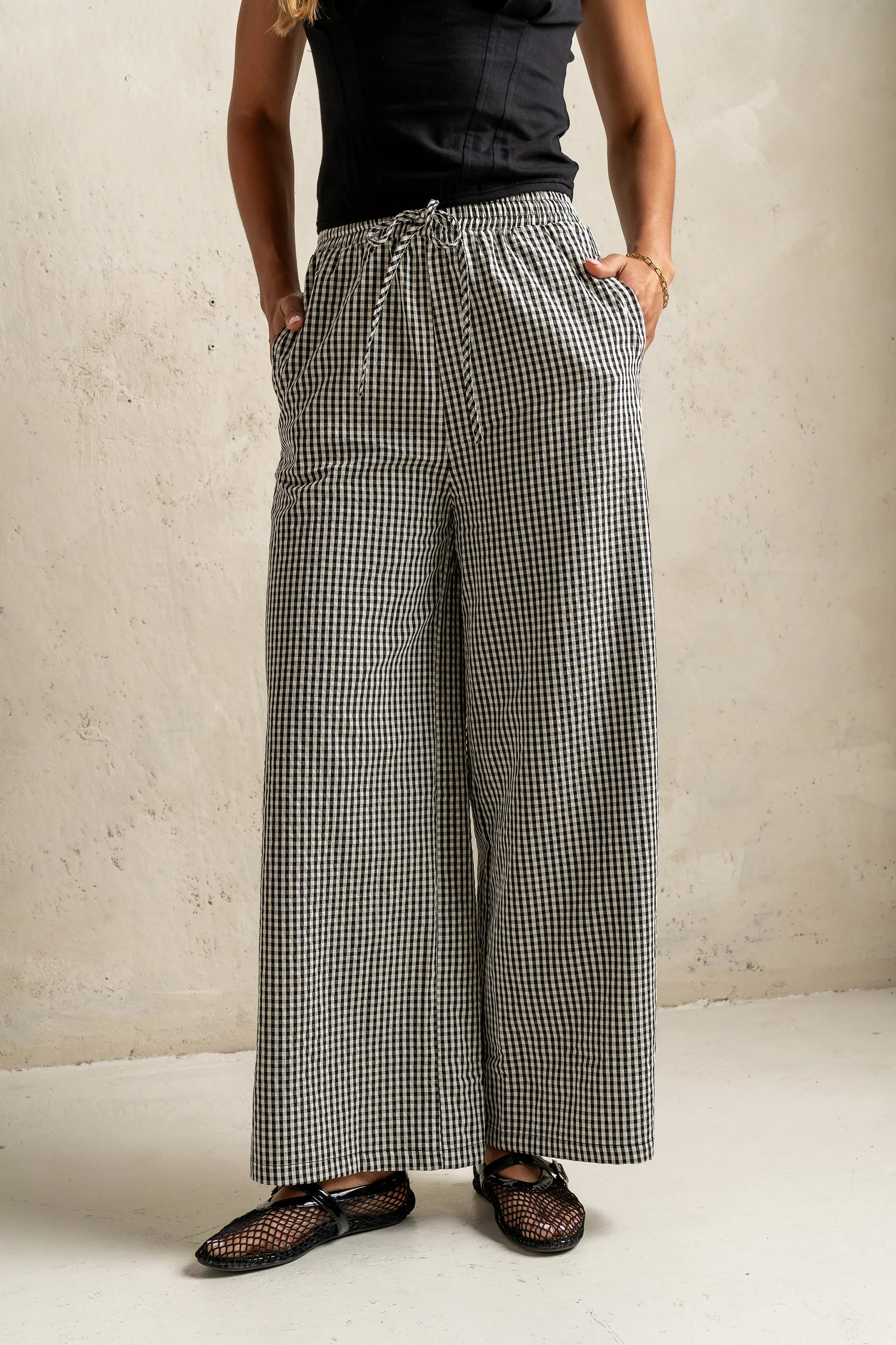 Ada Gingham Wide Leg Pants in Black | Böhme US