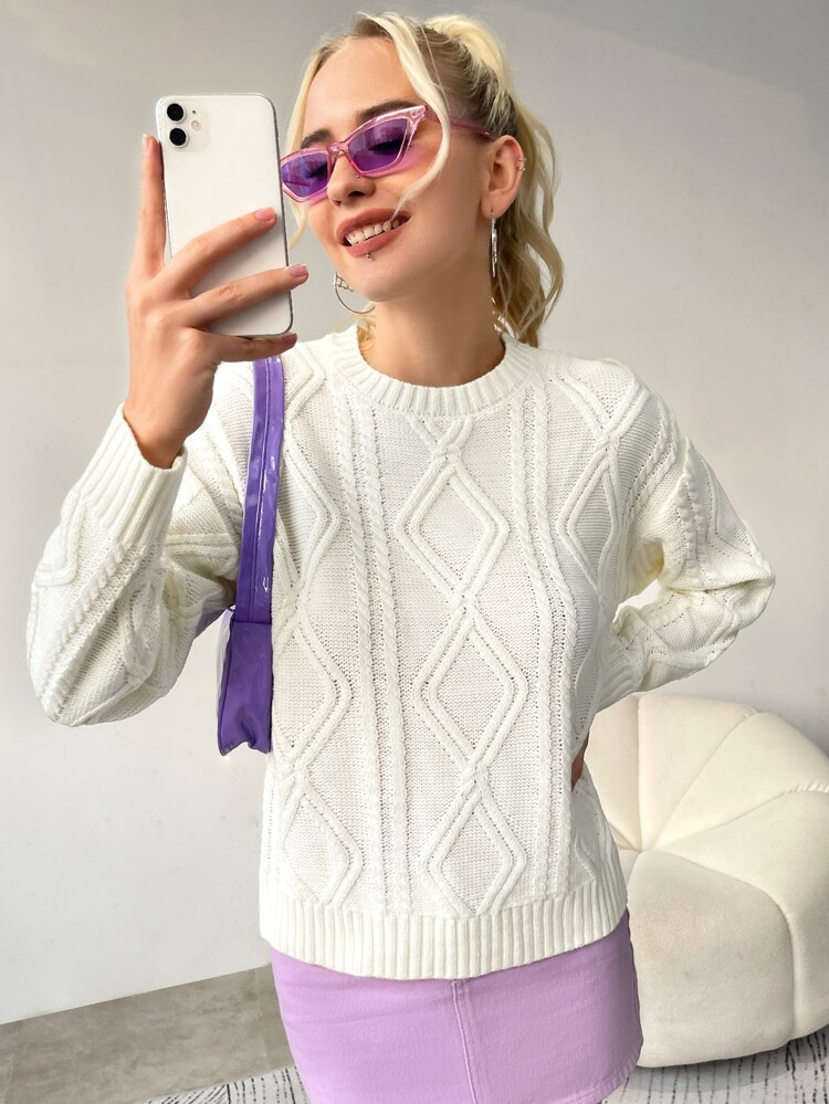 SHEIN Solid Drop Shoulder Cable Knit Sweater | SHEIN