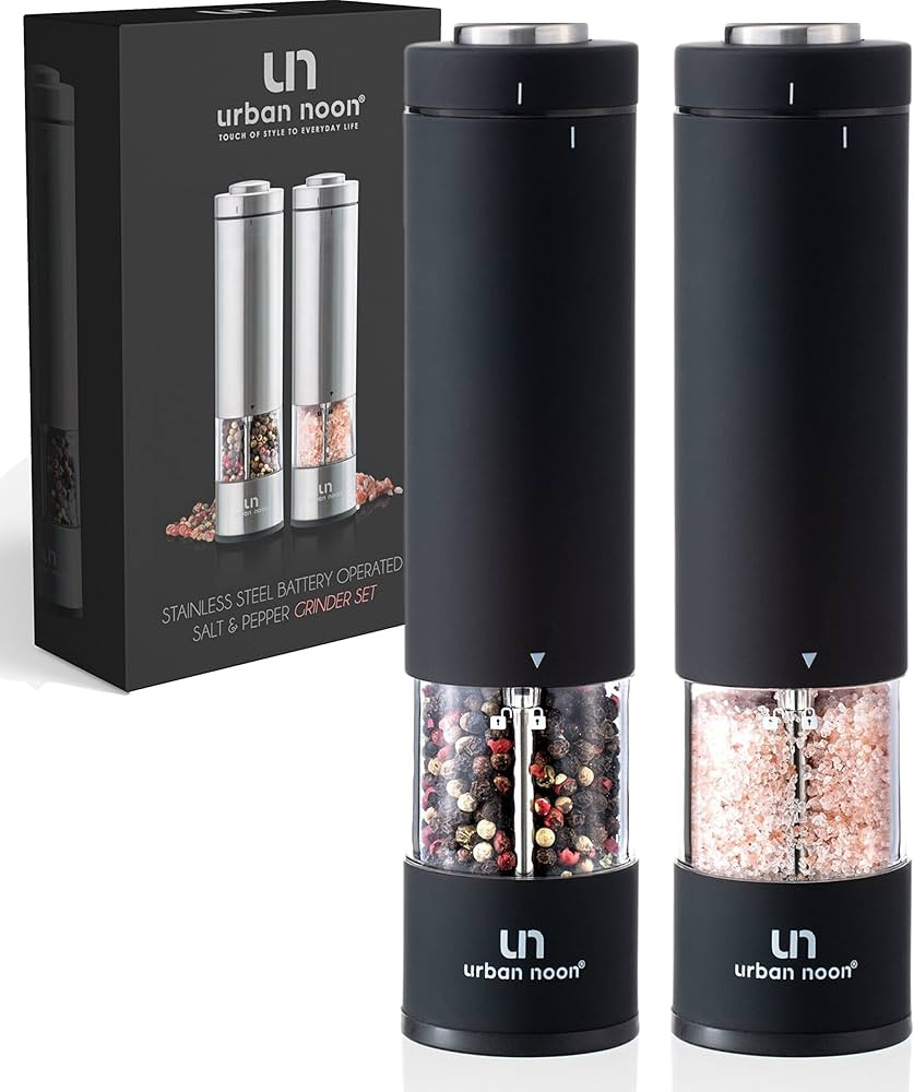 Electric Salt and Pepper Grinder Set - Battery Operated Stainless Steel Mill with Light (2 Black ... | Amazon (US)