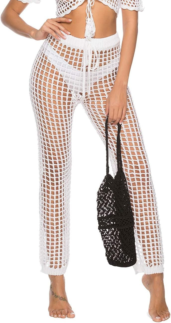 Kistore Womens Crochet Net Hollow Out Beach Pants Sexy Swimsuit Cover Up Pants | Amazon (US)