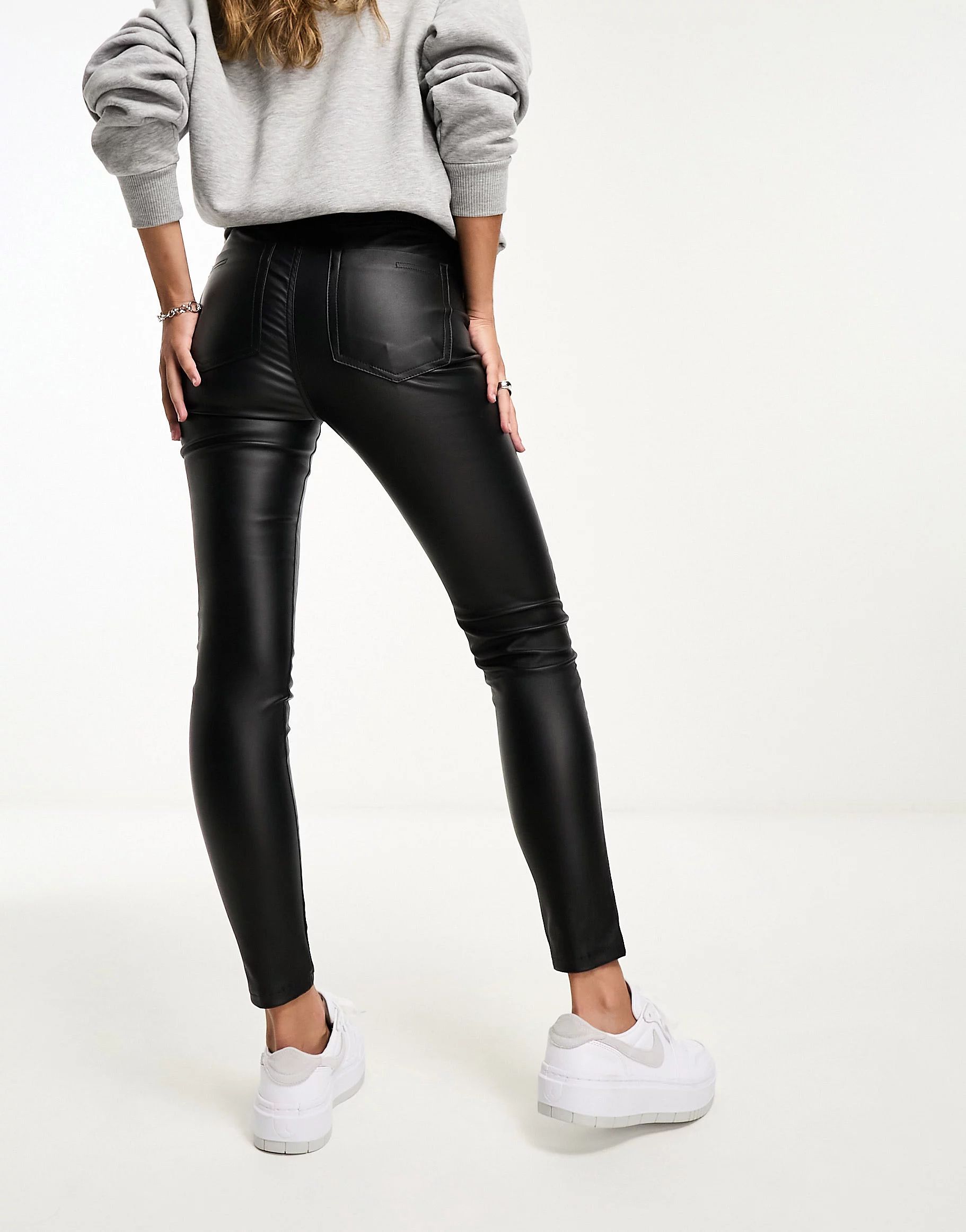 Bershka coated faux leather high waisted skinny trousers in black | ASOS (Global)