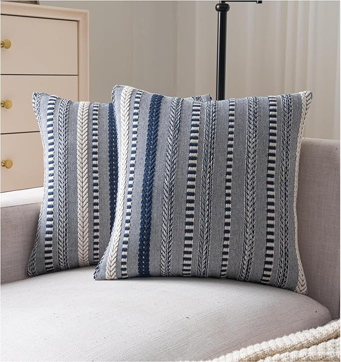 Boho Throw Pillow Covers 18x18 Inch Set of 2, Farmhouse Decorative Couch Pillow Cases, Navy Blue ... | Amazon (US)