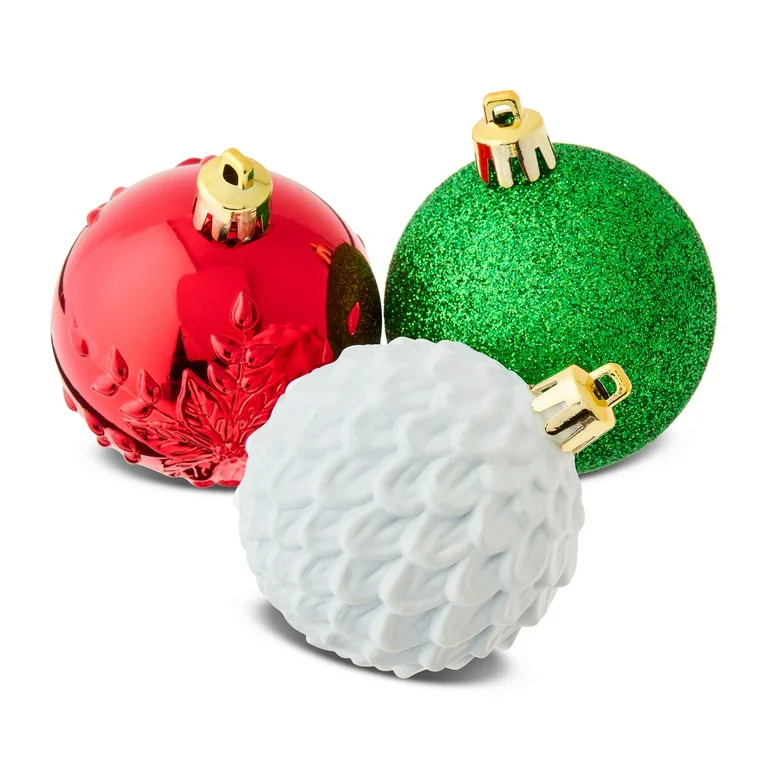 24-Count Red, Green, and White Shatterproof Multi-Textured Christmas Ornaments, 2.36 in, by Holid... | Walmart (US)