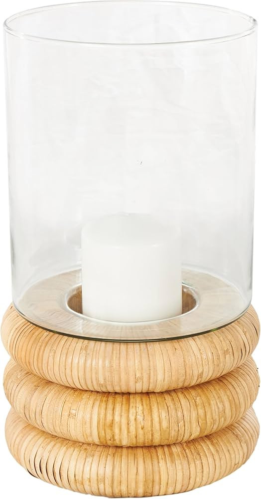 Deco 79 Glass Room Hurricane Lamp Round Hurricane Candle Holder with Light Brown Woven Base, Tabl... | Amazon (US)