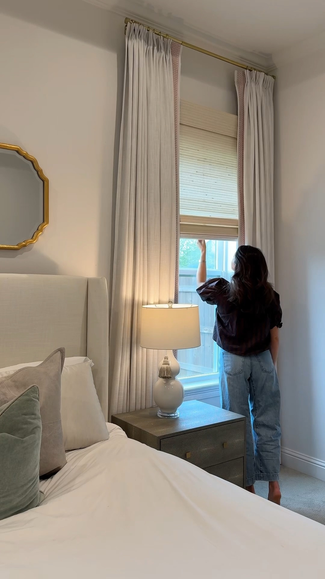 Layered window treatment details:

Product Name: Natural Paper Bamboo Woven Shade
Collection: Lay
Color: Marble White
Mount: Outside
Width and Length: 41.75"W × 78"L
Lift Type: Cordless 
Liner: Privacy

#LTKdayinmylife #LTKmomlife #LTKMothersDay
