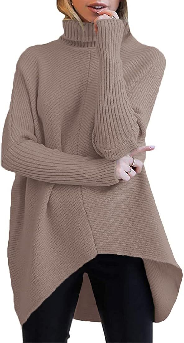 ANRABESS Womens Turtleneck Oversized Sweater 2023 Long Batwing Sleeve Asymmetric Hem Casual Knit ... | Amazon (US)