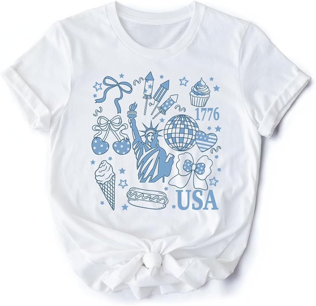 USA Liberty Retro Coquette T-Shirt, 1776 Patriotic 4th of July Tee White | Amazon (US)