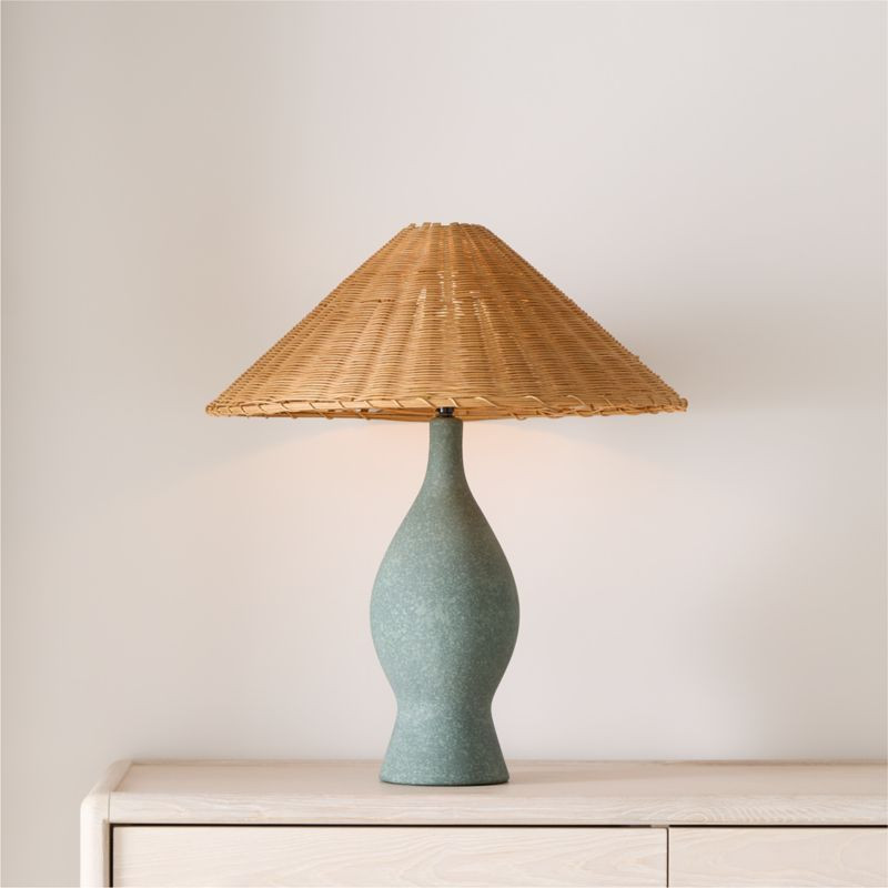 Courbe Green Ceramic Table Lamp with Rattan Shade by Athena Calderone 24.2 | Crate & Barrel