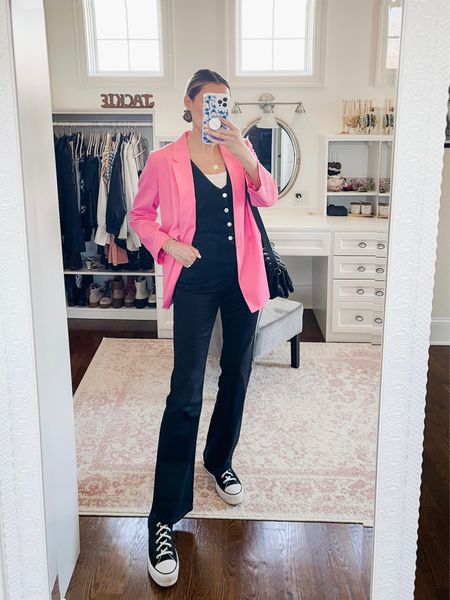 Spring outfit with denim jumpsuit, pink blazer, platform lift converse 

#LTKunder100 #LTKstyletip #LTKSeasonal