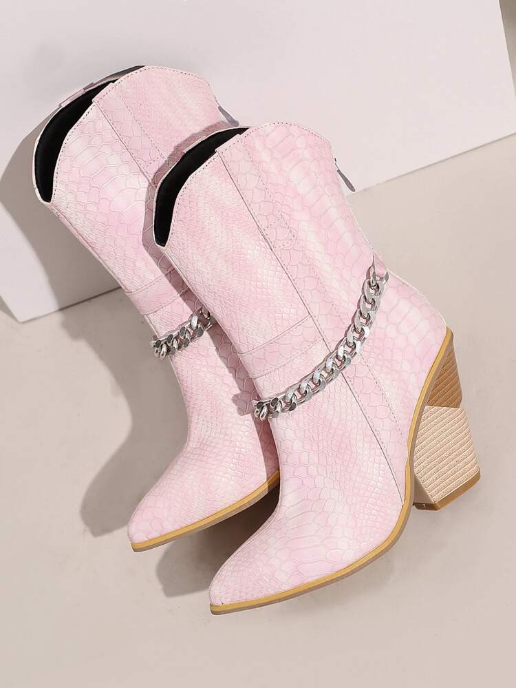 New
     
      Snakeskin Embossed Chain Decor Western Boots | SHEIN