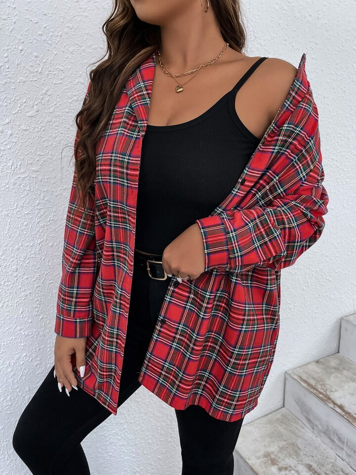 SHEIN LUNE Plus Tartan Print Drop Shoulder Shirt | SHEIN