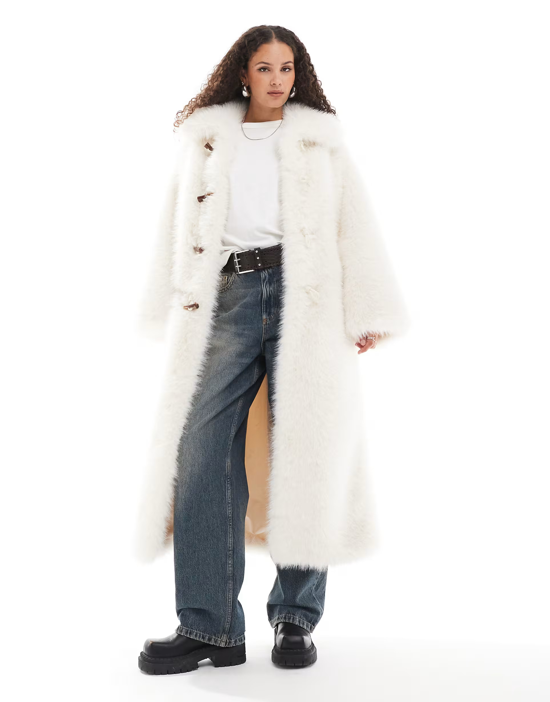Urbancode monster faux fur maxi coat in cream | ASOS (Global)