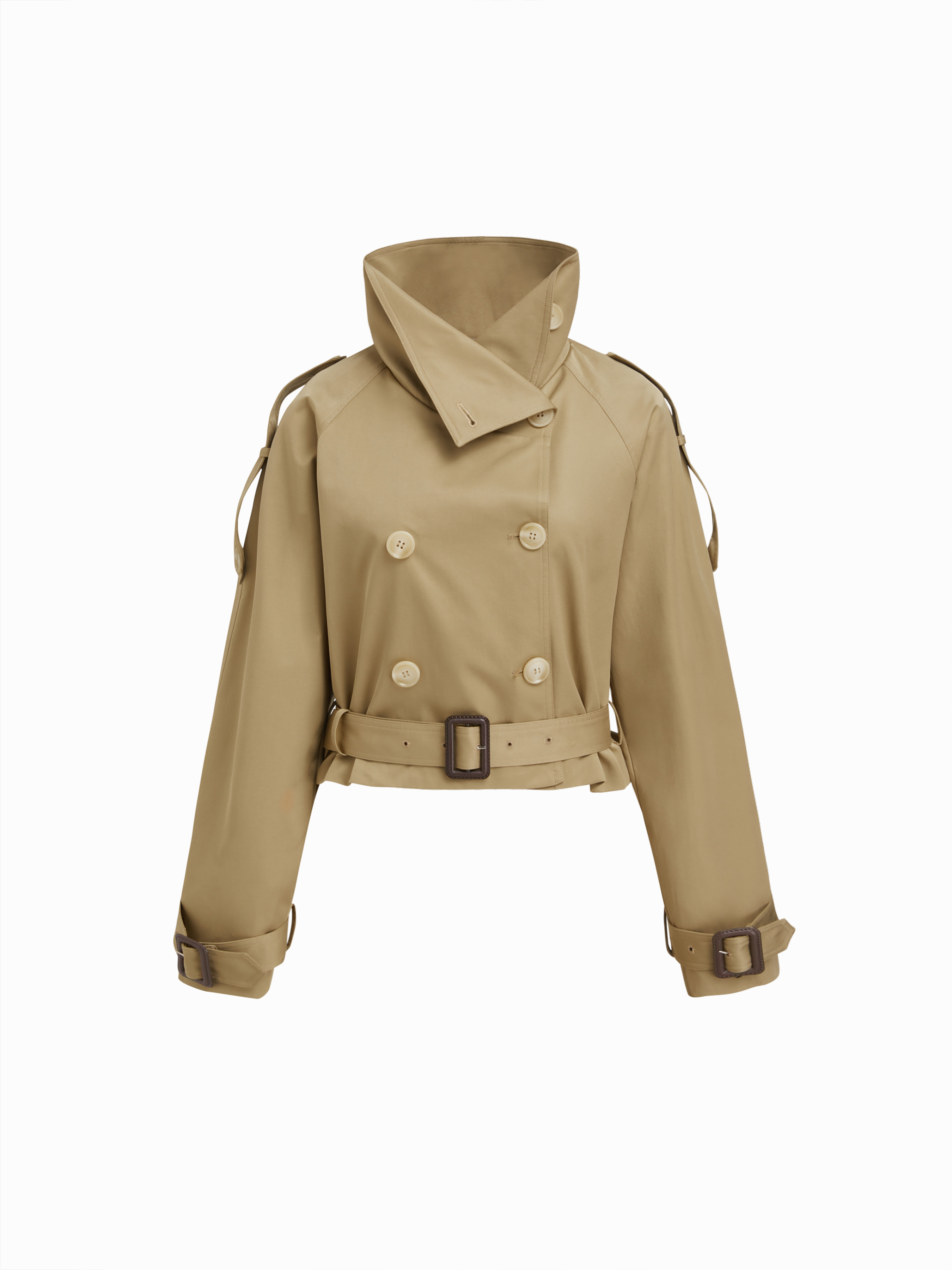 Woven Funnel Collar Double Breasted Trench Coat With Belt For Work | Cider