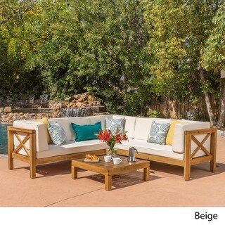 Brava Outdoor 4-Piece Wood Sectional Set w/ Cushions by Christopher Knight Home (Beige) | Bed Bath & Beyond