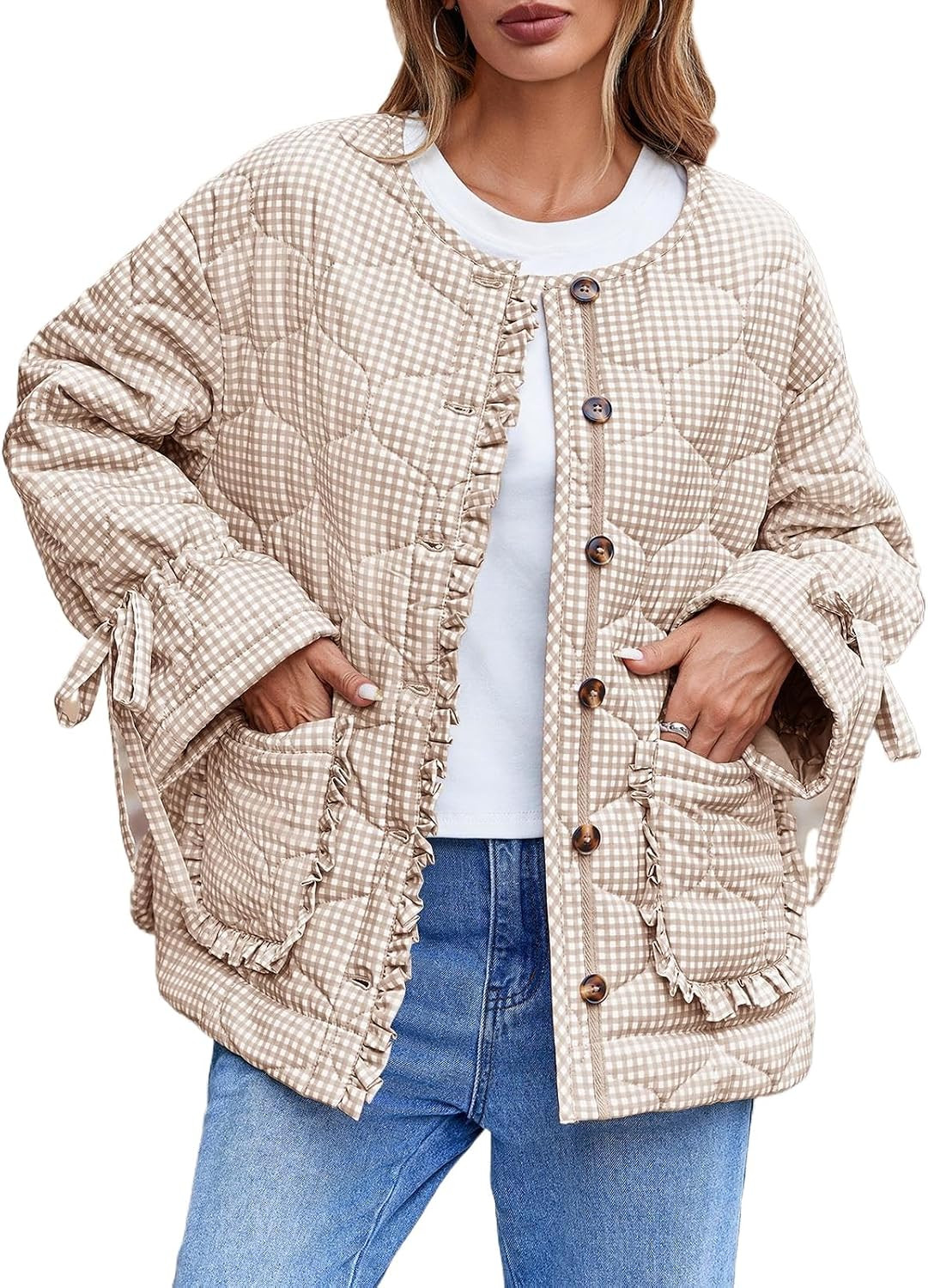 Tankaneo Womens Cropped Quilted Puffer Jackets Lightweight Plaid Button Down Bow Padded Down Coat | Amazon (US)