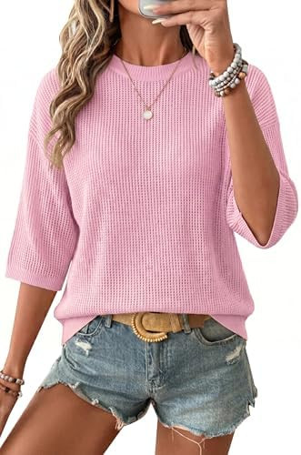 Arach&Cloz Womens Summer 100% Cotton Oversized Crochet Tops 3/4 Length Sleeve Sweater Hollow Out ... | Amazon (US)