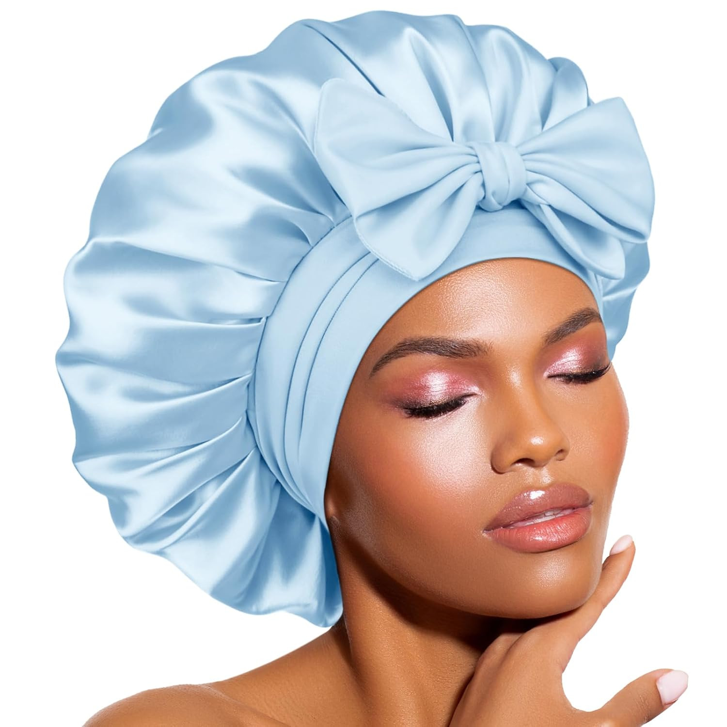 BONNET QUEEN Double Layer Silk Bonnet for Sleeping for Women Satin Lined Bonnet Night Cap for Curly Hair with Tie Band,Light Blue | Amazon (US)