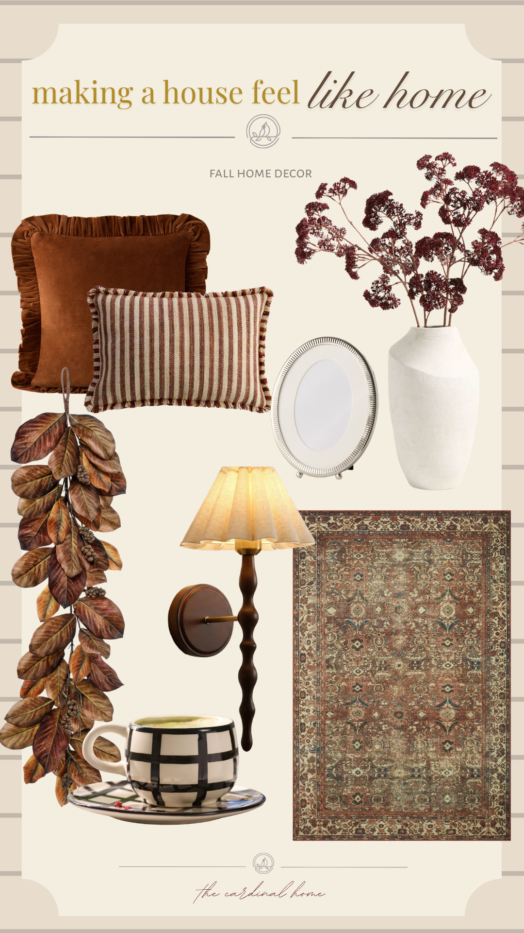 Fall home decor, cozy fall finds, warm home decor, rust pillows, striped pillow, vintage inspired rug, fall stems, magnolia garland, wall sconce, pleated shade, decorative mirror, neutral vase, coffee mug, traditional home decor, cozy home, collected home, autumn decorating, fall decorating ideas, home decor finds, fall home inspiration, warm neutral decor 

 #LTKSeasonal #LTKHome #LTKSaleAlert