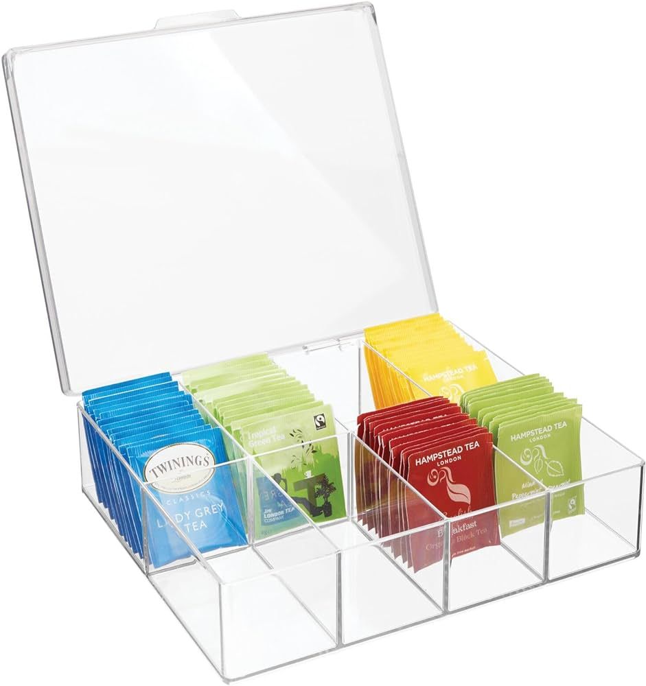 mDesign Plastic Tea Bag Divided Storage Organizer Container Box with Hinge Lid for Kitchen Cabine... | Amazon (US)