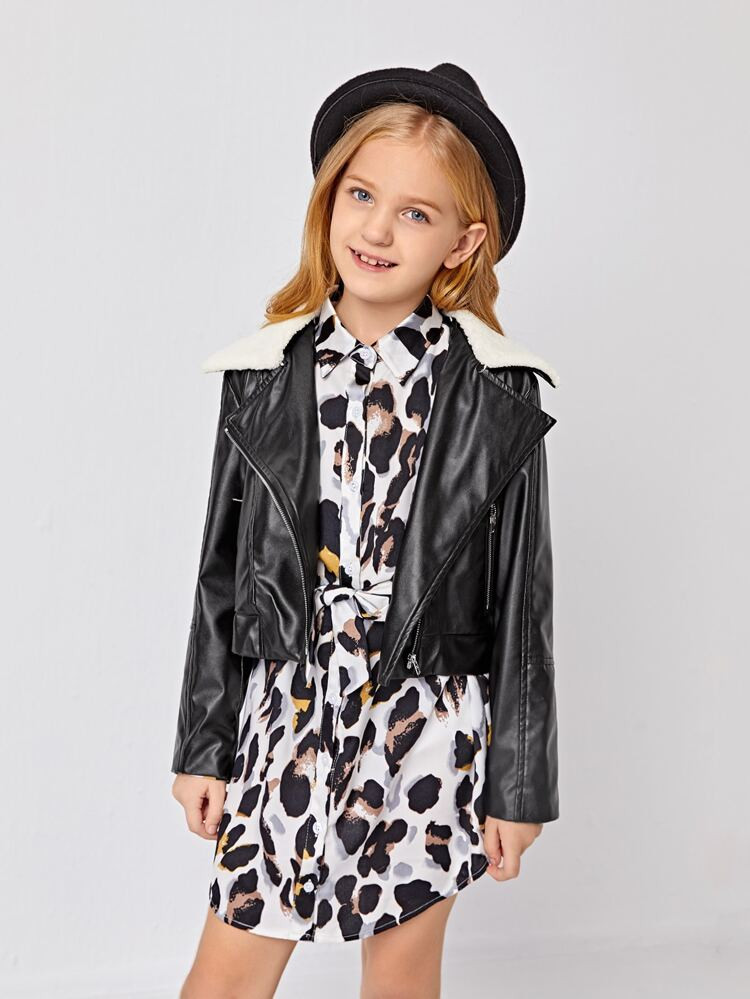 SHEIN Girls Faux Shearling Trim PU Leather Moto Jacket | SHEIN