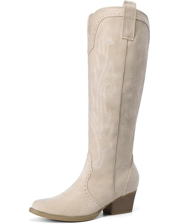 DREAM PAIRS Womens Cowboy Knee High Boots Comfortable Pull On Side Zipper Chunky Heel Embroidered... | Amazon (US)